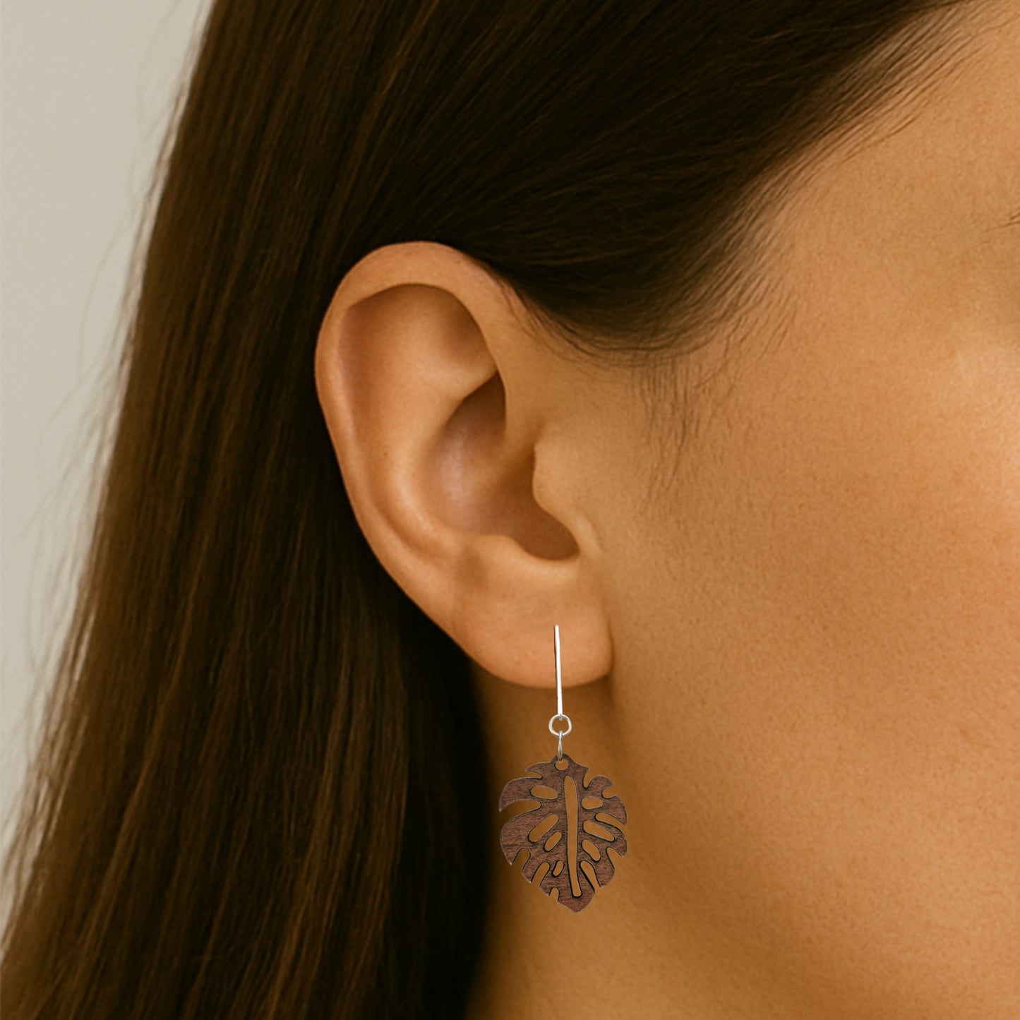 Silver Wooden Leaves Clip On Dangling Earrings