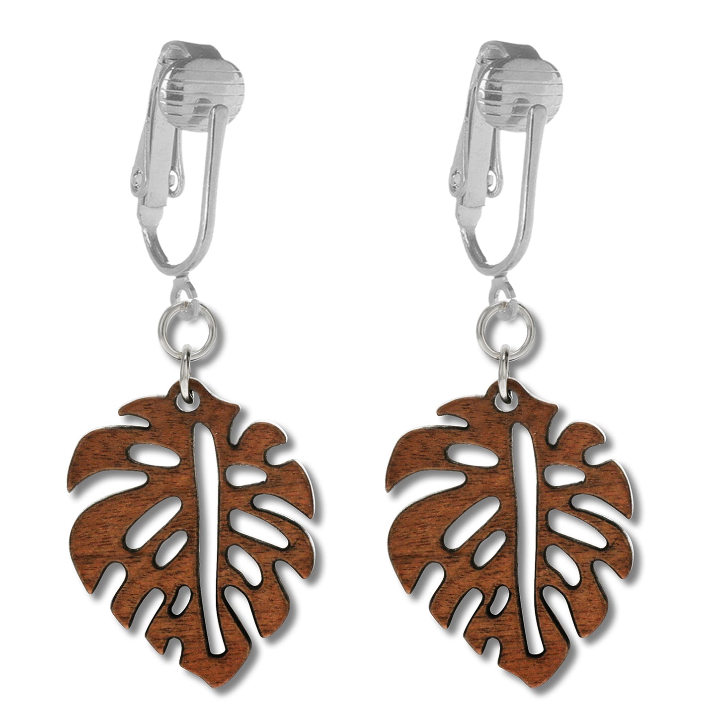 Silver Wooden Leaves Clip On Dangling Earrings