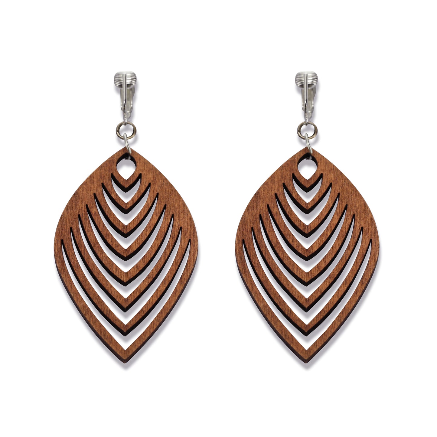 Silver Wooden Chevron Cutouts Clip On Dangling Earrings