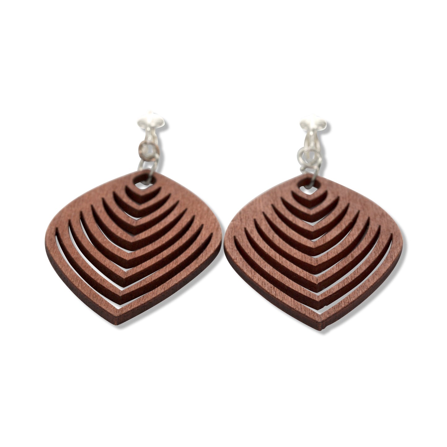 Silver Wooden Chevron Cutouts Clip On Dangling Earrings