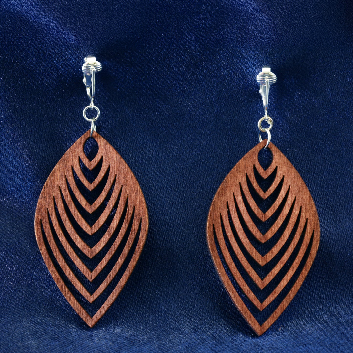 Silver Wooden Chevron Cutouts Clip On Dangling Earrings