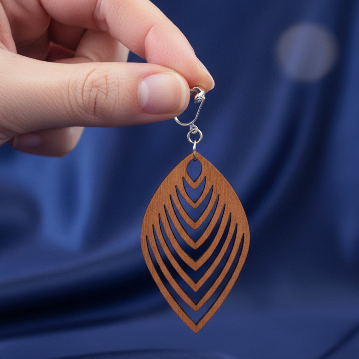 Silver Wooden Chevron Cutouts Clip On Dangling Earrings