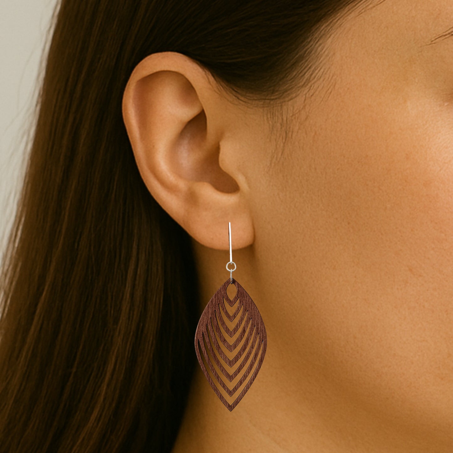 Silver Wooden Chevron Cutouts Clip On Dangling Earrings