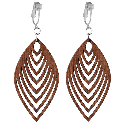 Silver Wooden Chevron Cutouts Clip On Dangling Earrings