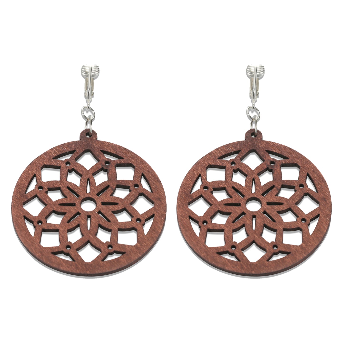 Silver Wooden Round Flower Cutouts Clip On Dangling Earrings