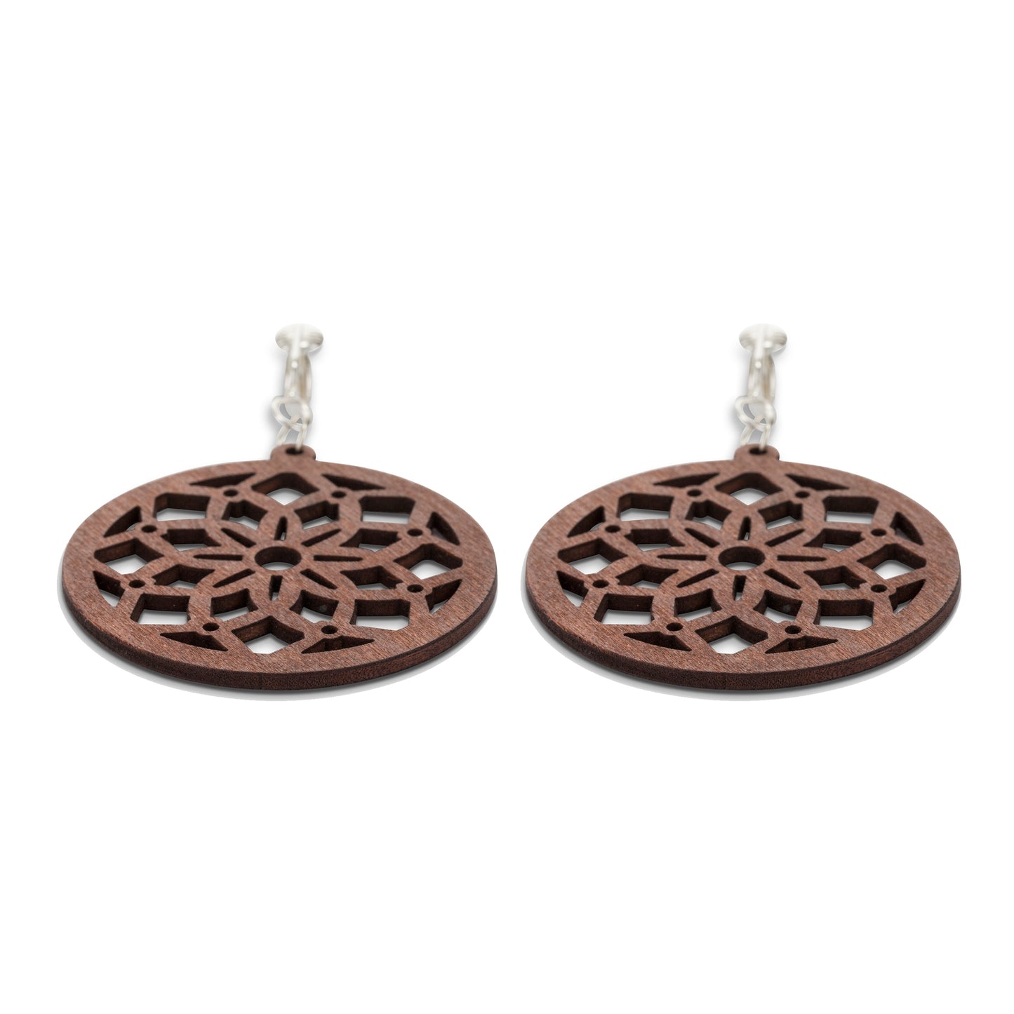 Silver Wooden Round Flower Cutouts Clip On Dangling Earrings