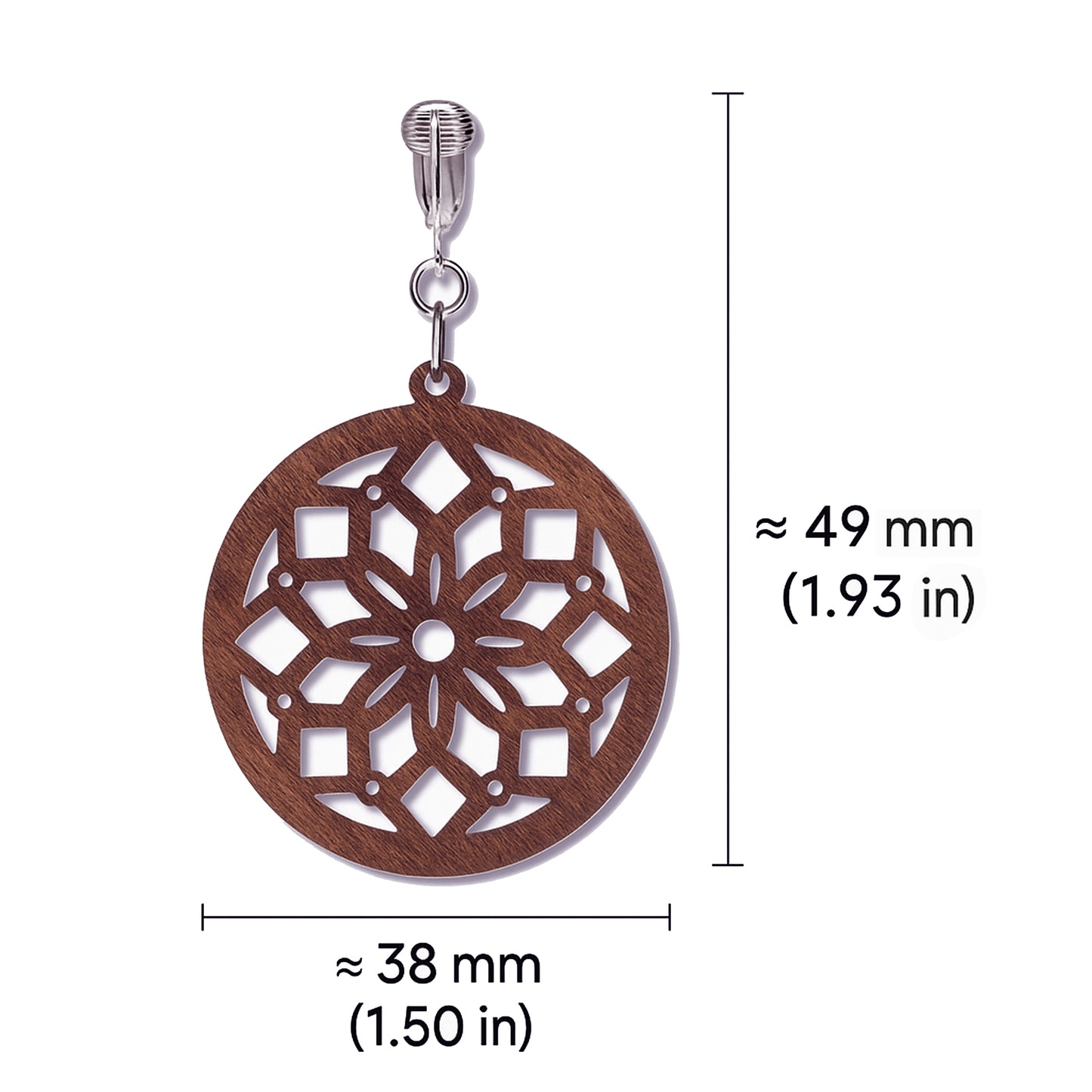 Silver Wooden Round Flower Cutouts Clip On Dangling Earrings