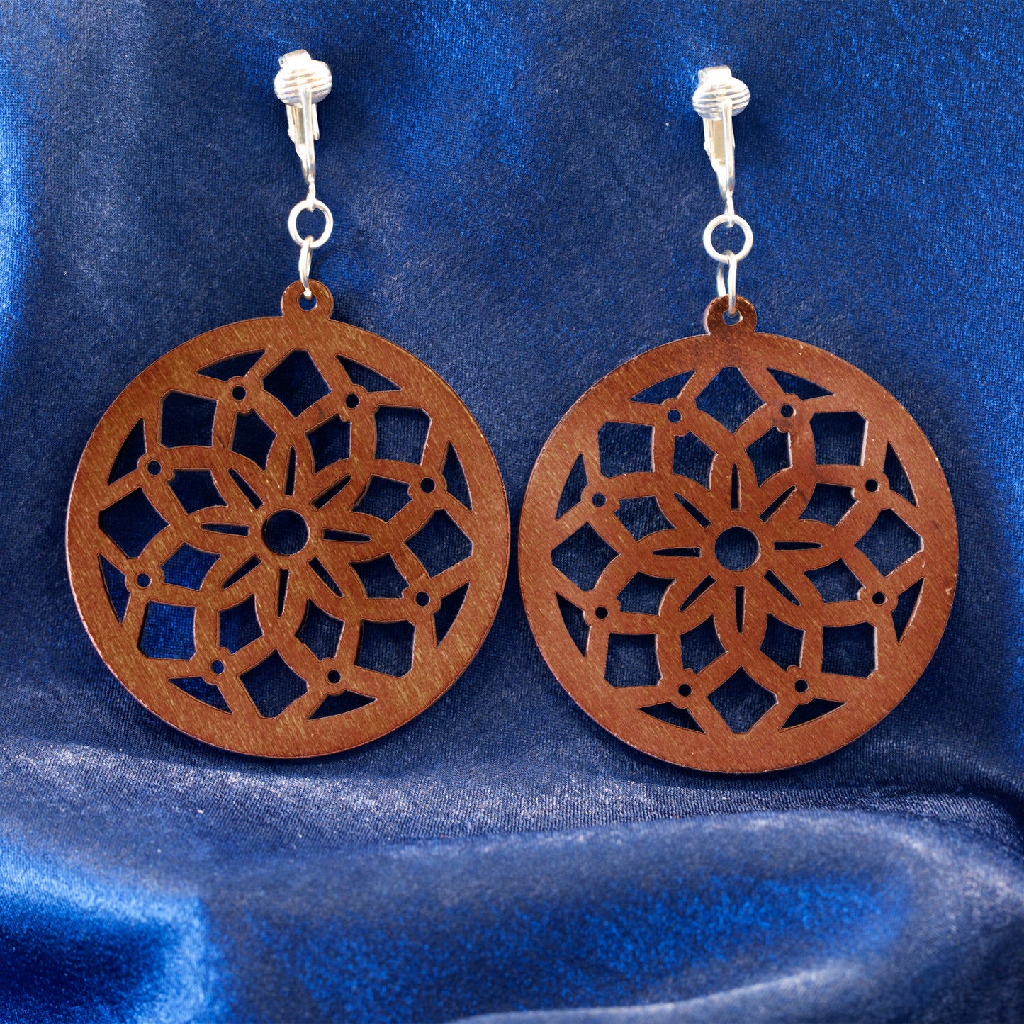 Silver Wooden Round Flower Cutouts Clip On Dangling Earrings