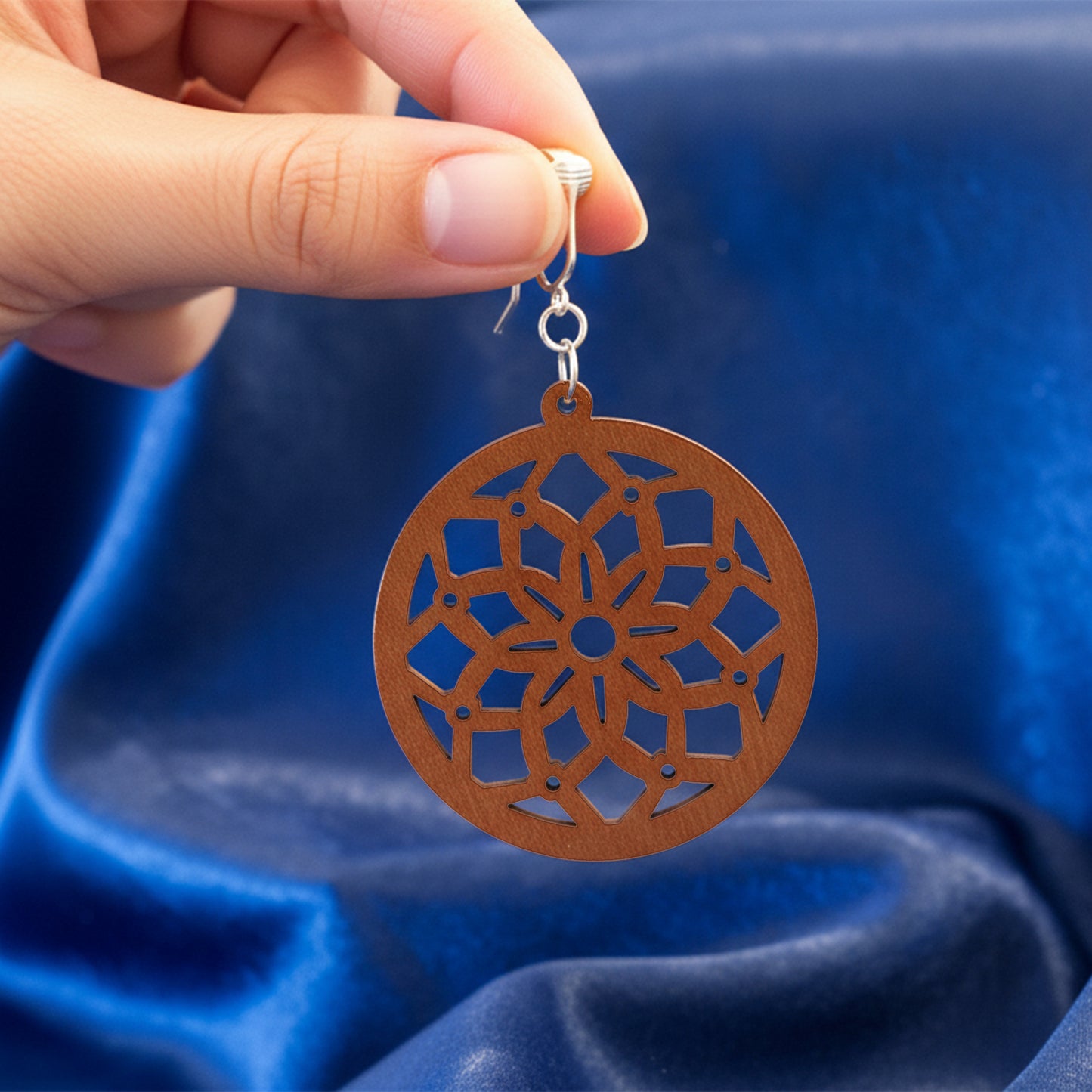 Silver Wooden Round Flower Cutouts Clip On Dangling Earrings