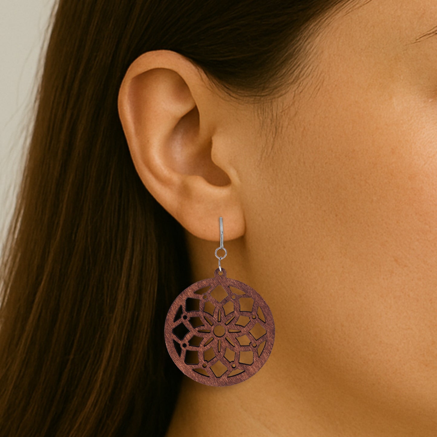 Silver Wooden Round Flower Cutouts Clip On Dangling Earrings