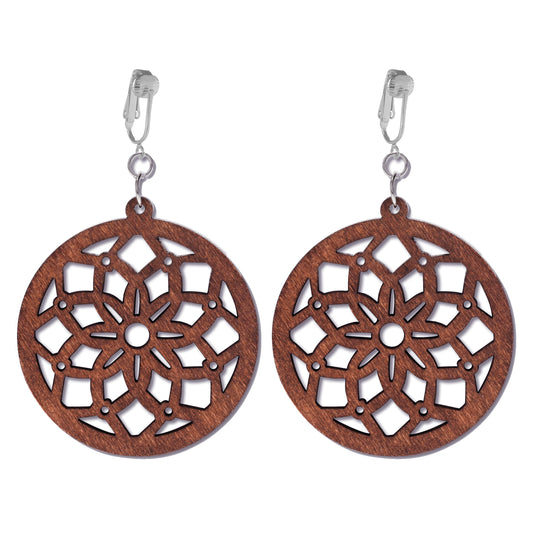 Silver Wooden Round Flower Cutouts Clip On Dangling Earrings