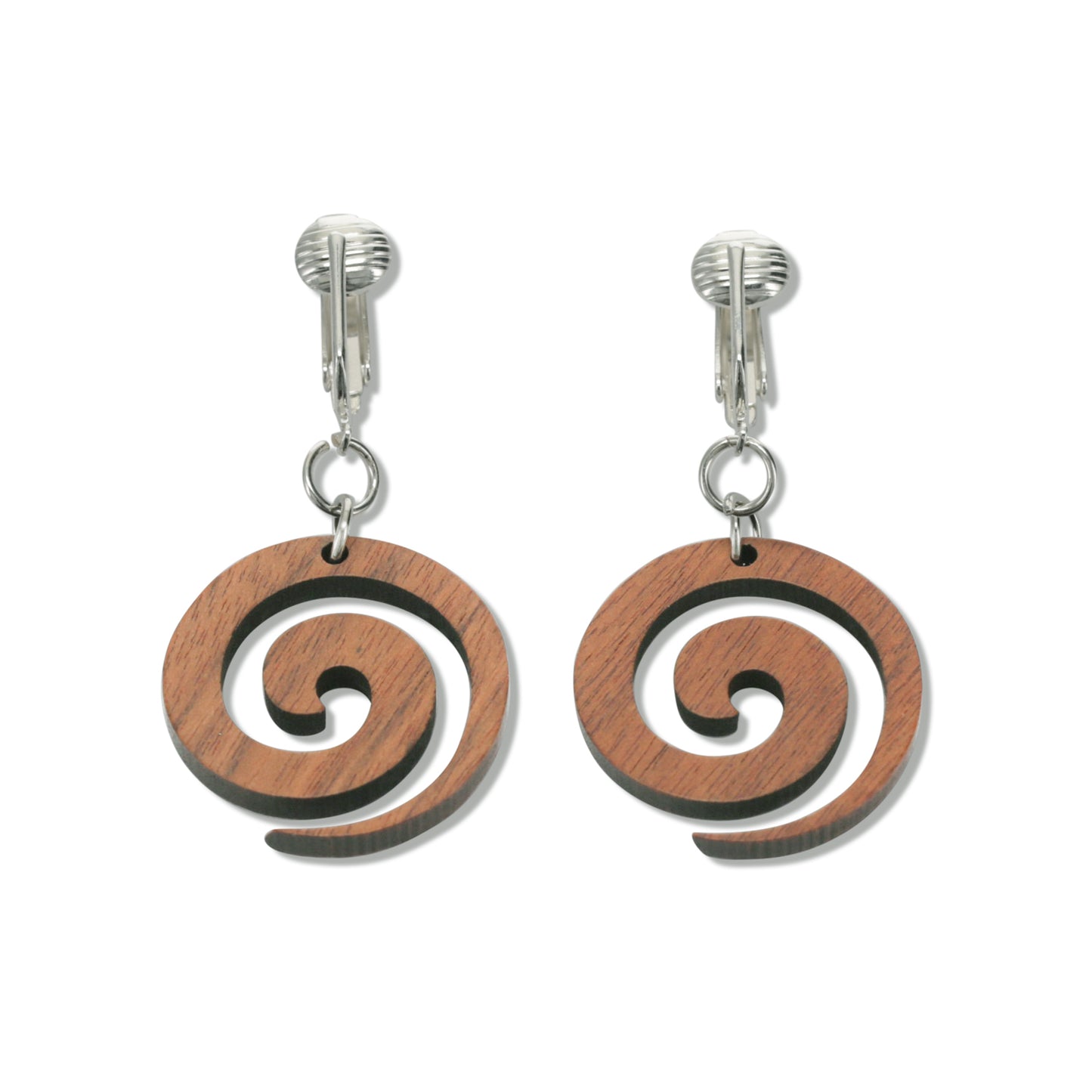 Silver Wooden Spiral Clip On Dangling Earrings
