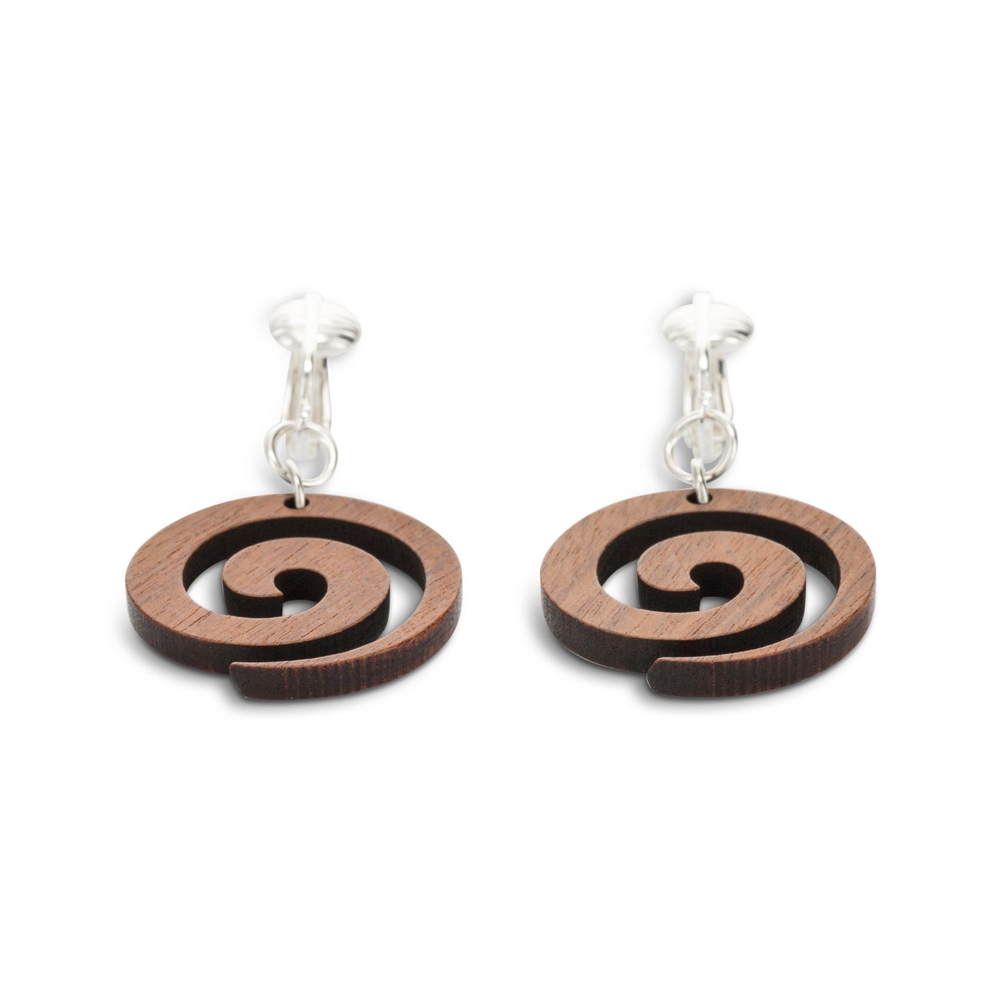 Silver Wooden Spiral Clip On Dangling Earrings