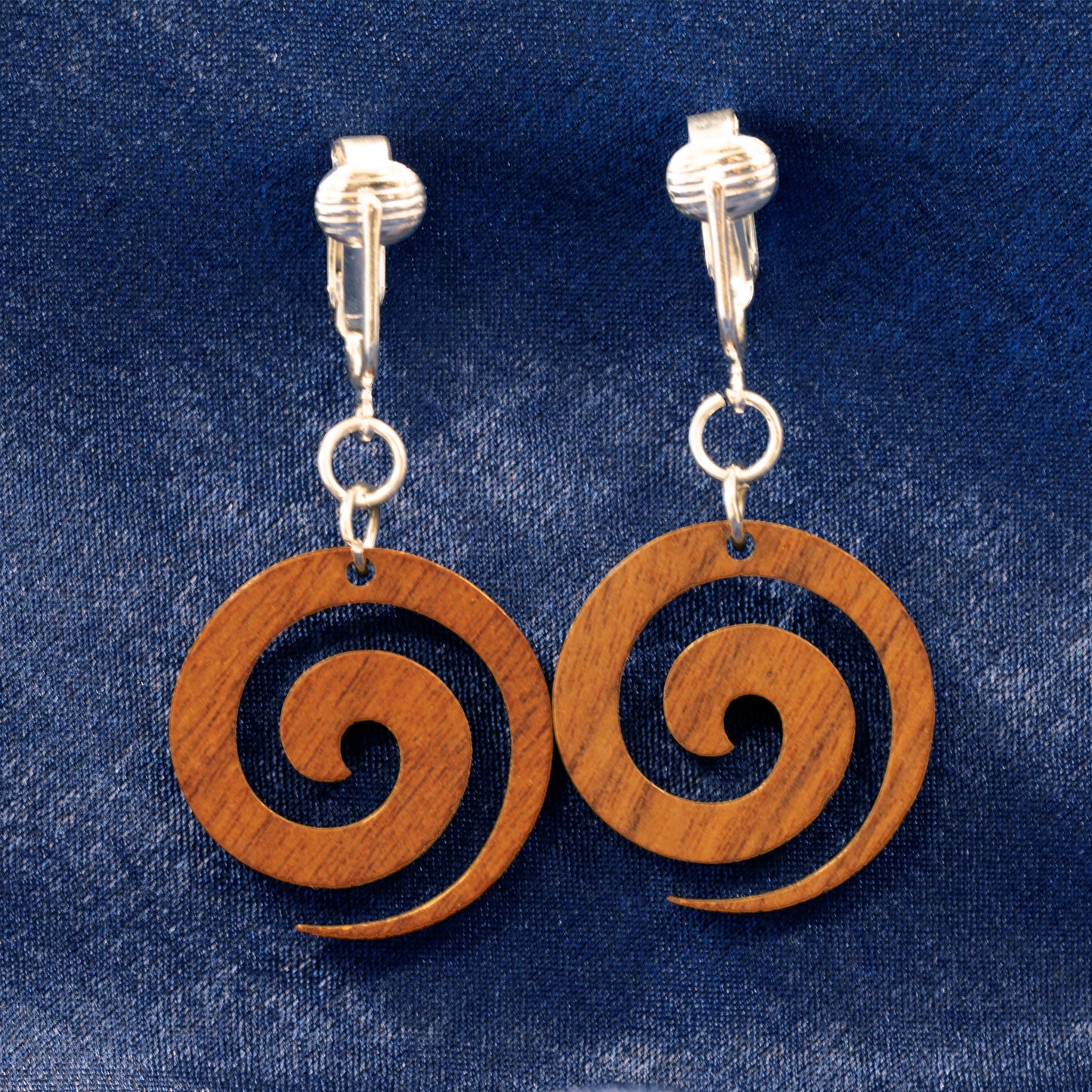 Silver Wooden Spiral Clip On Dangling Earrings