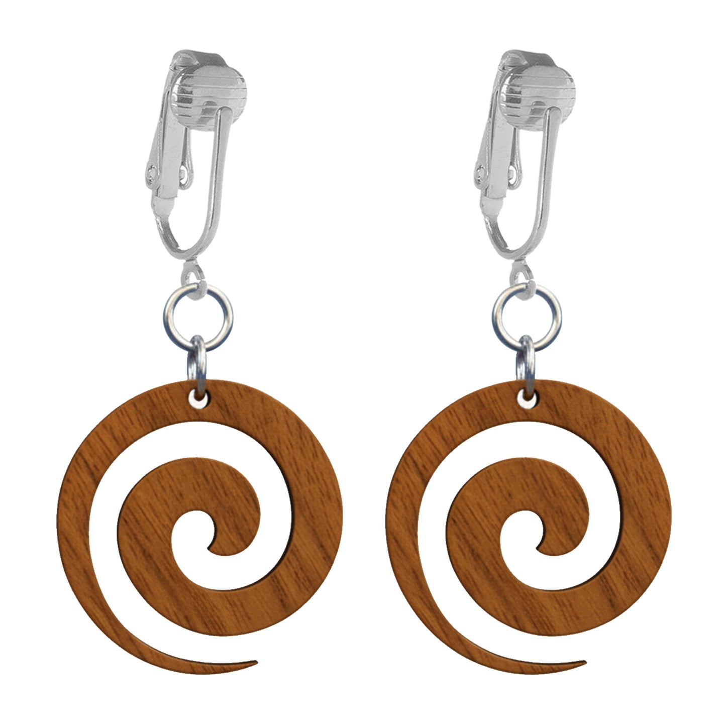 Silver Wooden Spiral Clip On Dangling Earrings