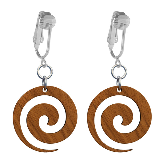 Silver Wooden Spiral Clip On Dangling Earrings