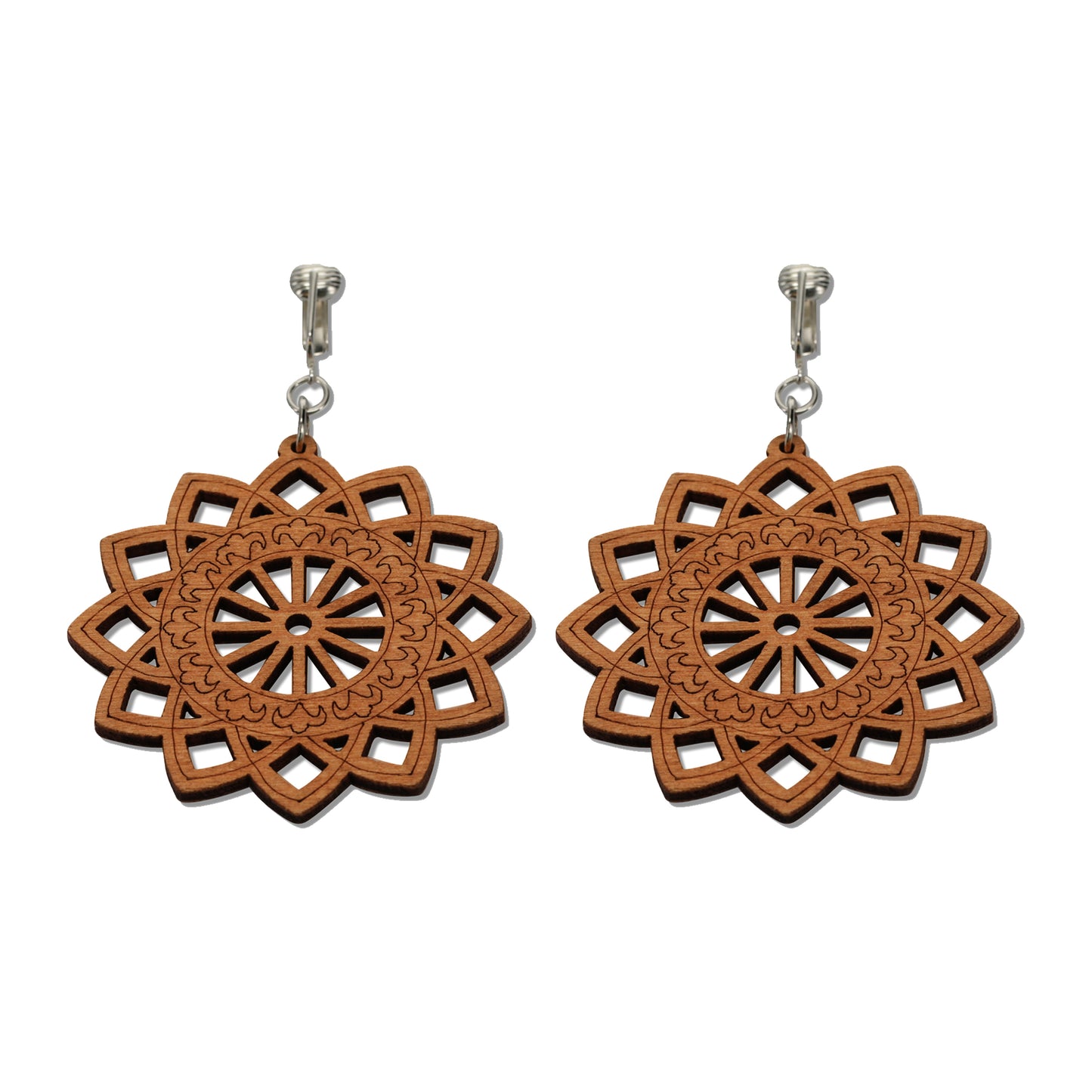 Silver Wooden Sunburst Cutouts Clip On Dangling Earrings
