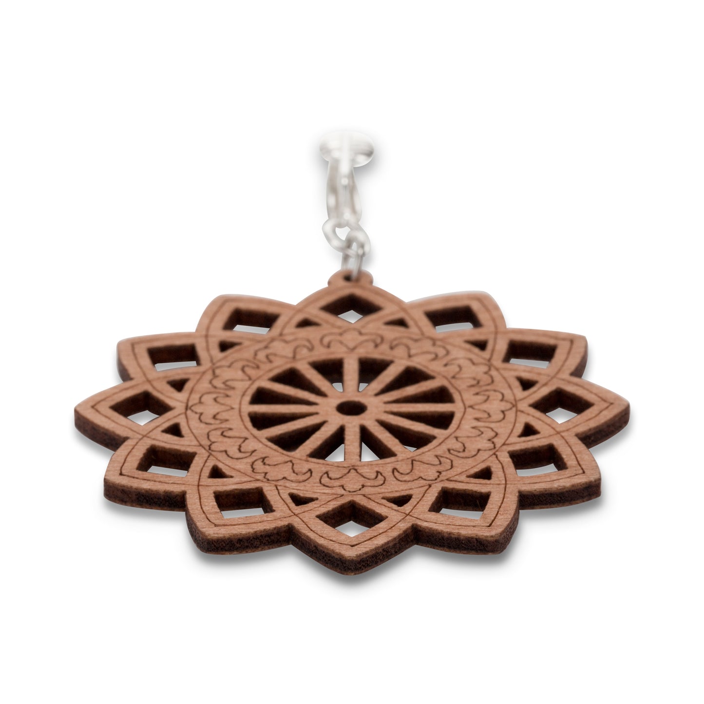 Silver Wooden Sunburst Cutouts Clip On Dangling Earrings