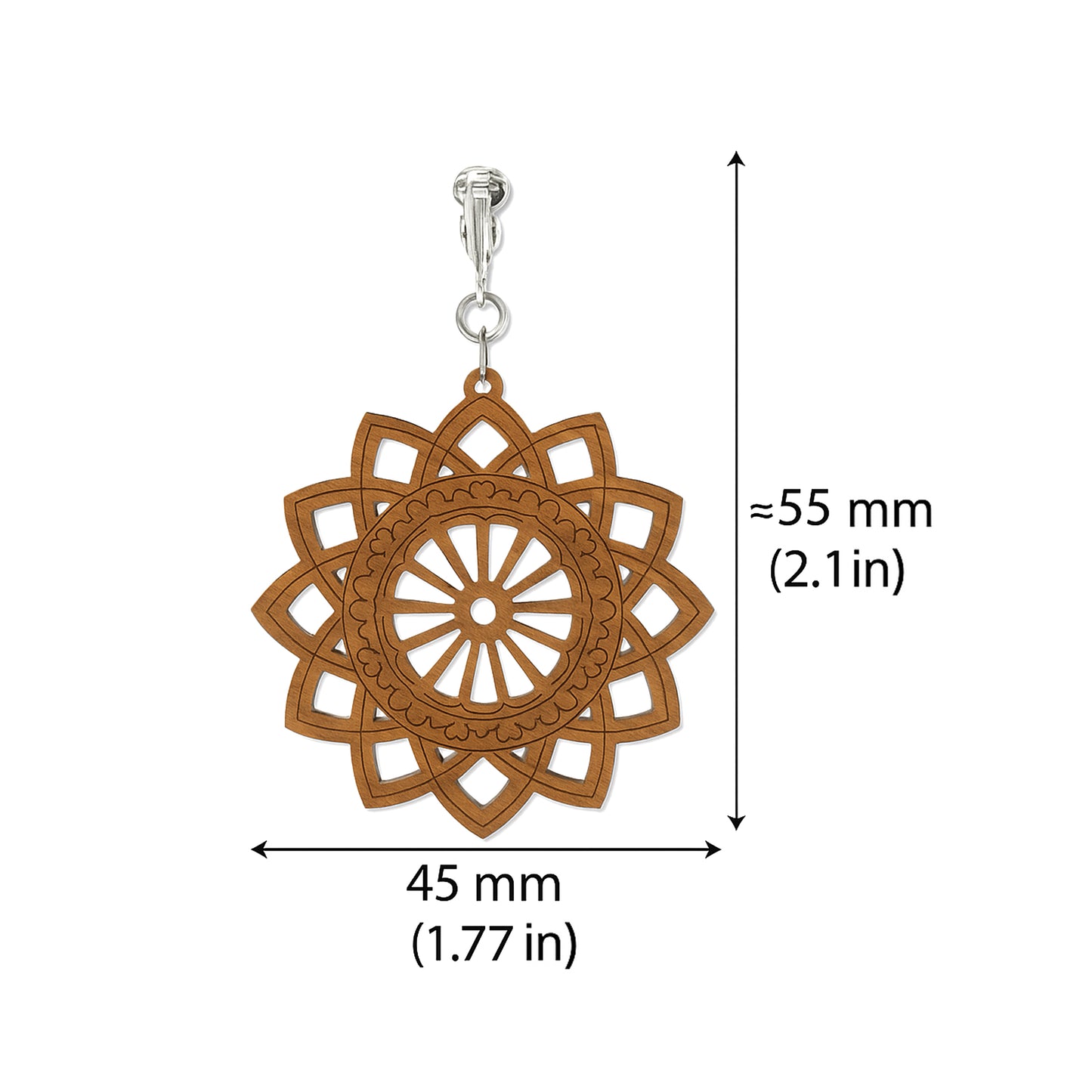 Silver Wooden Sunburst Cutouts Clip On Dangling Earrings