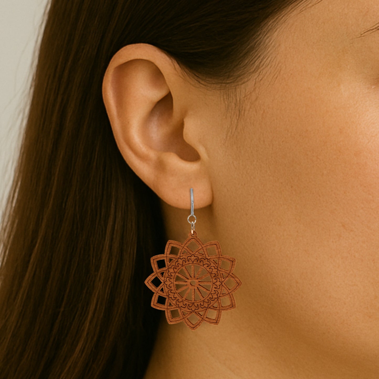 Silver Wooden Sunburst Cutouts Clip On Dangling Earrings