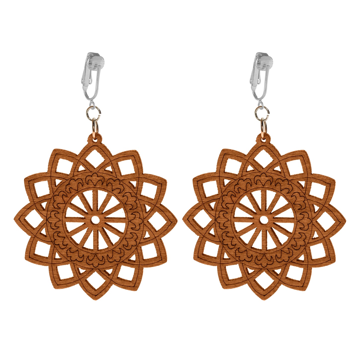 Silver Wooden Sunburst Cutouts Clip On Dangling Earrings
