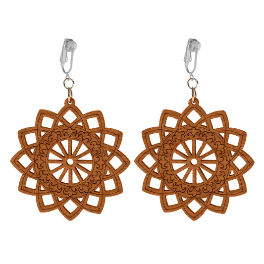 Silver Wooden Sunburst Cutouts Clip On Dangling Earrings