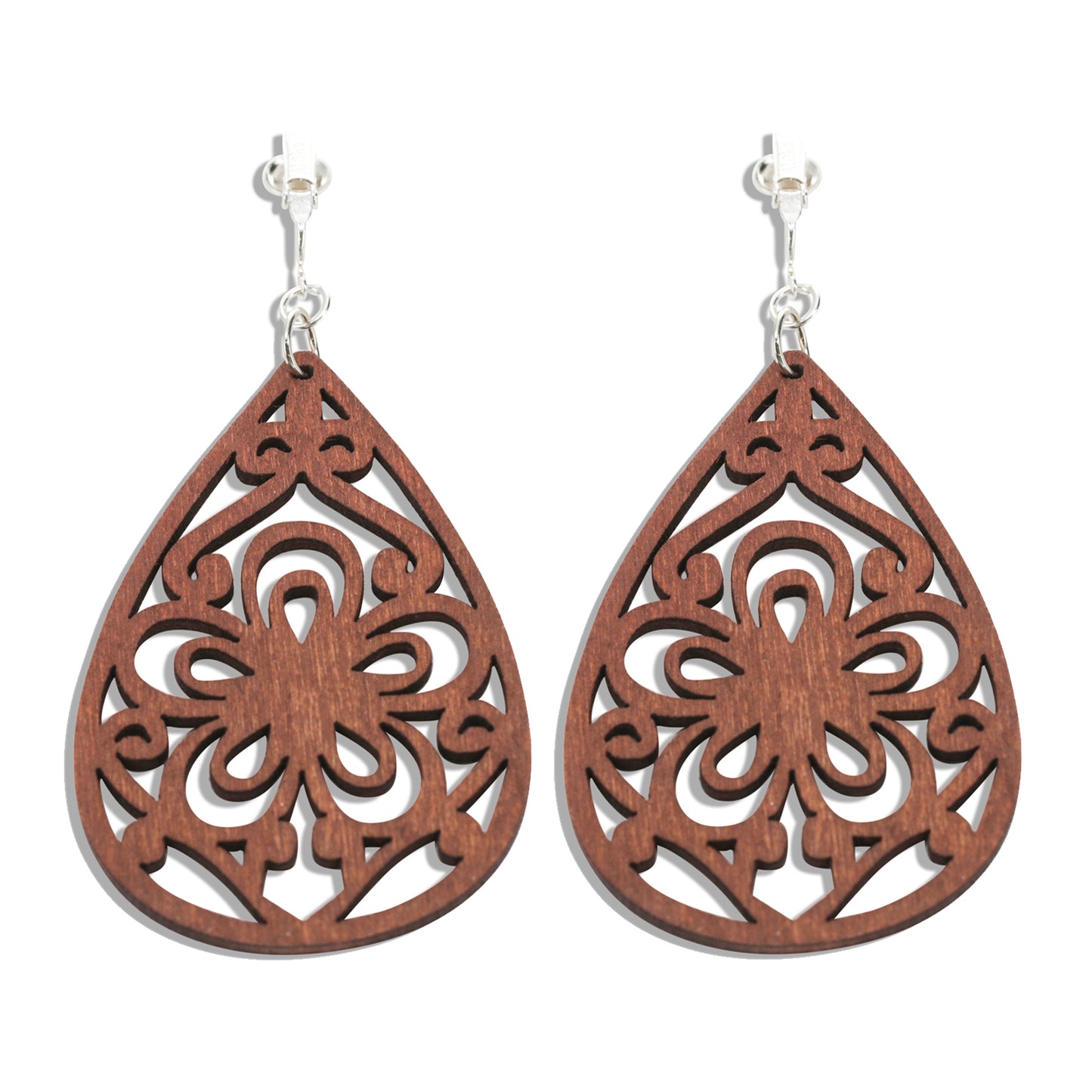 Silver Wooden Teardrop Flowers Clip On Dangling Earrings