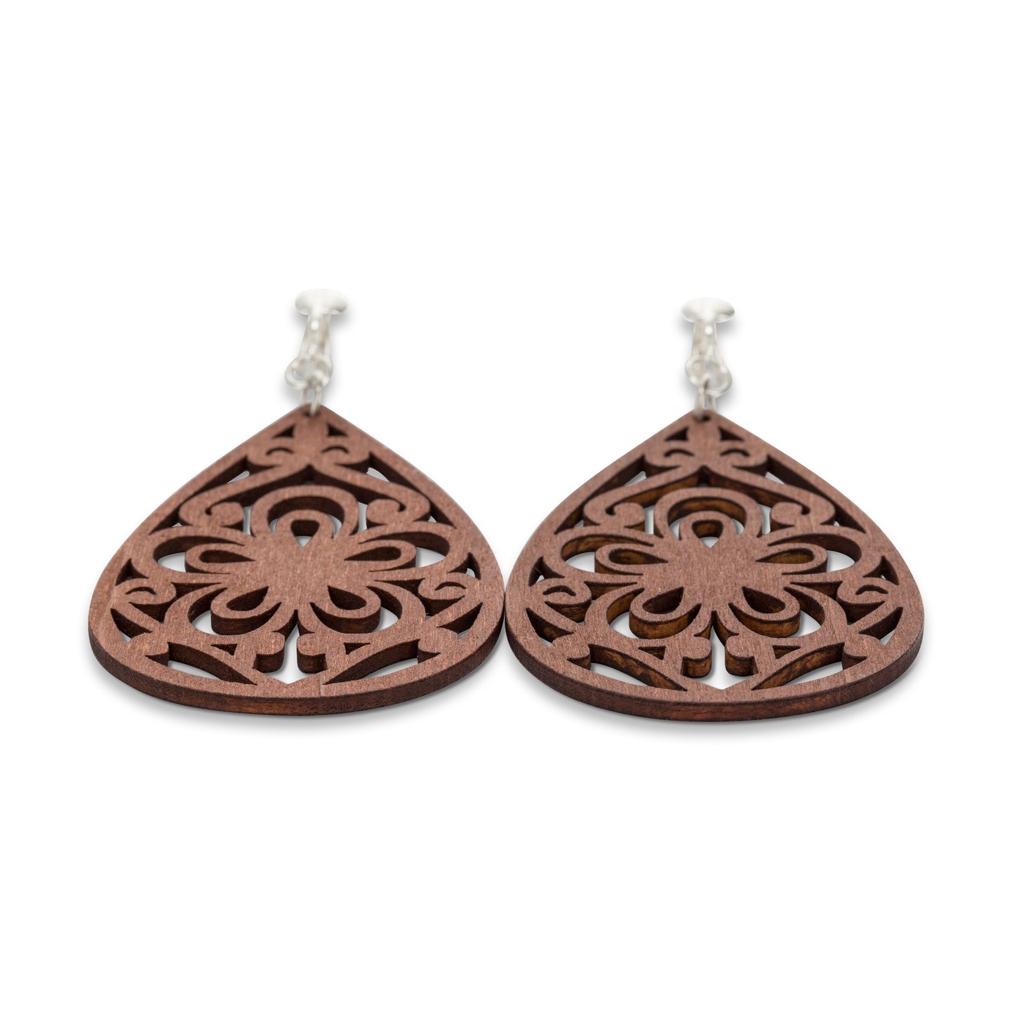Silver Wooden Teardrop Flowers Clip On Dangling Earrings