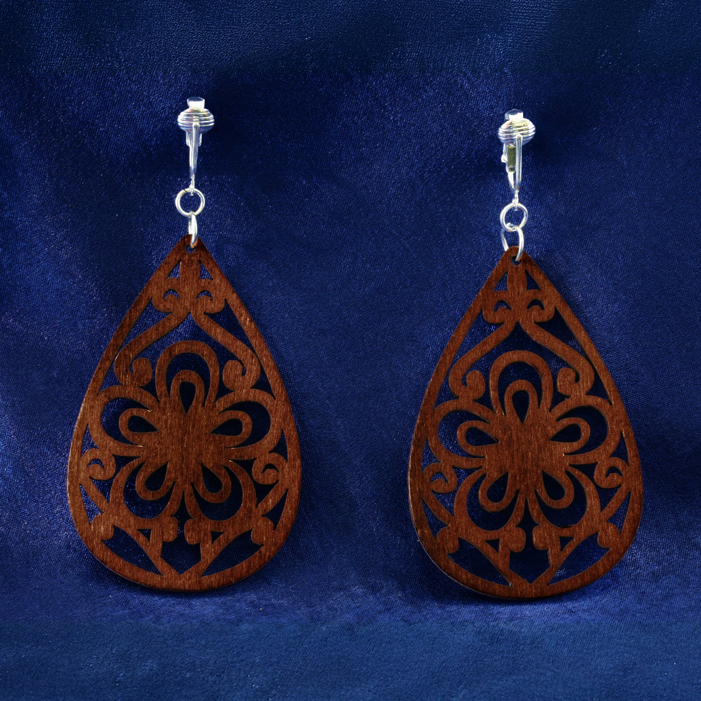 Silver Wooden Teardrop Flowers Clip On Dangling Earrings