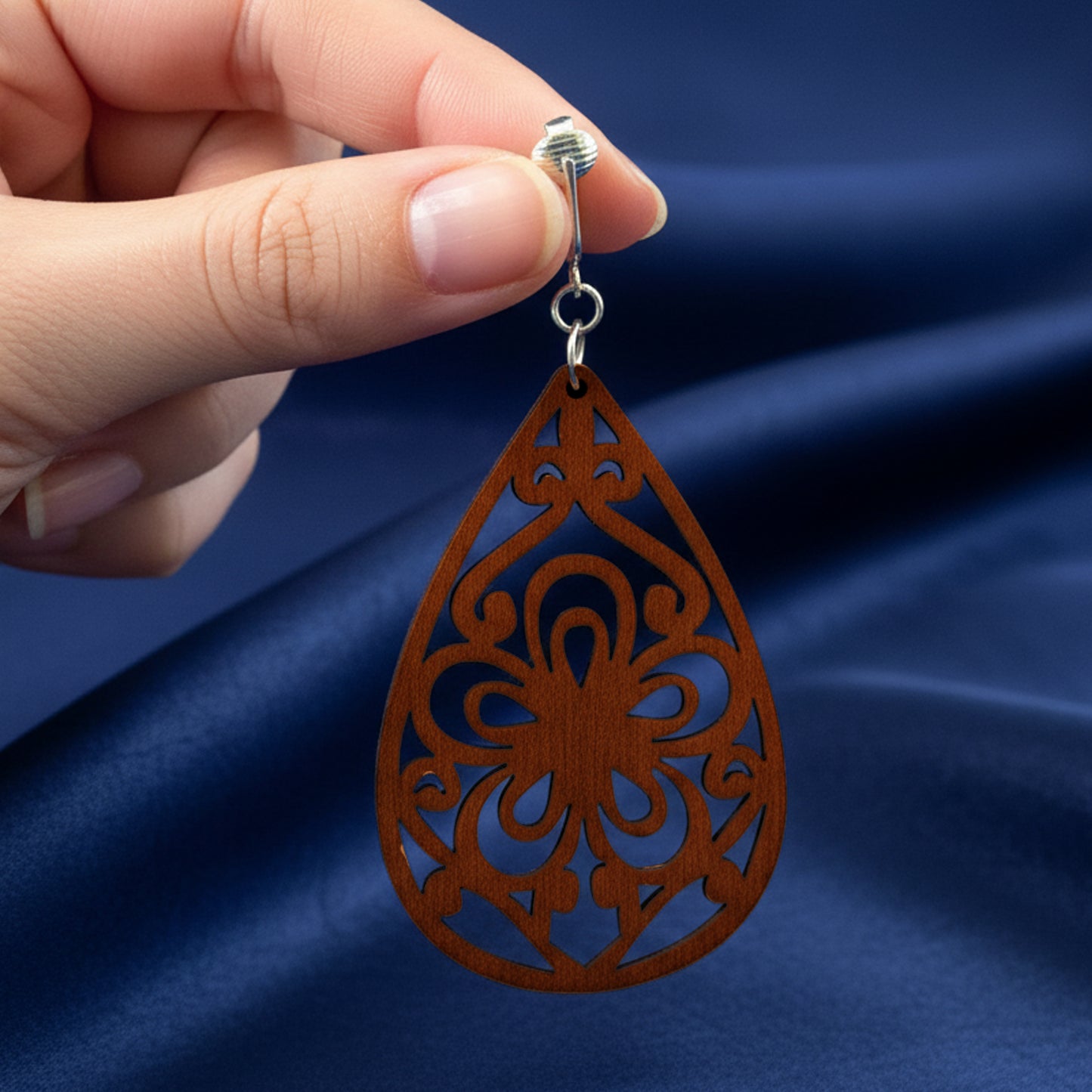 Silver Wooden Teardrop Flowers Clip On Dangling Earrings