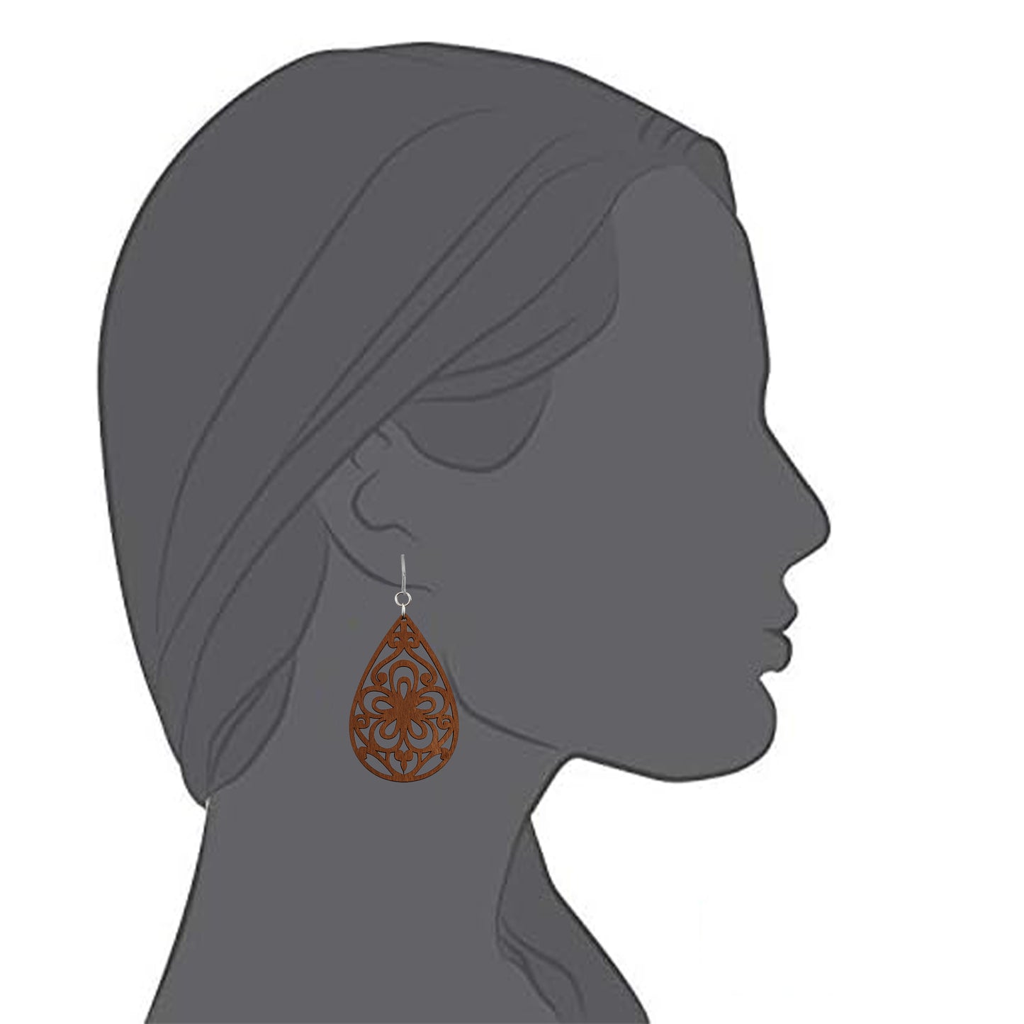 Silver Wooden Teardrop Flowers Clip On Dangling Earrings