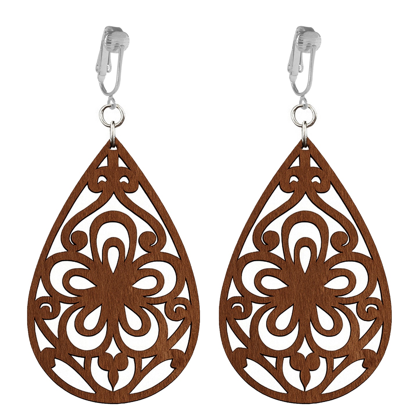 Silver Wooden Teardrop Flowers Clip On Dangling Earrings