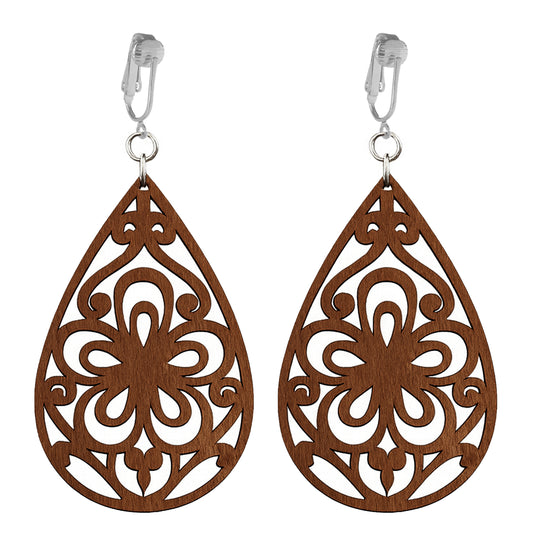 Silver Wooden Teardrop Flowers Clip On Dangling Earrings
