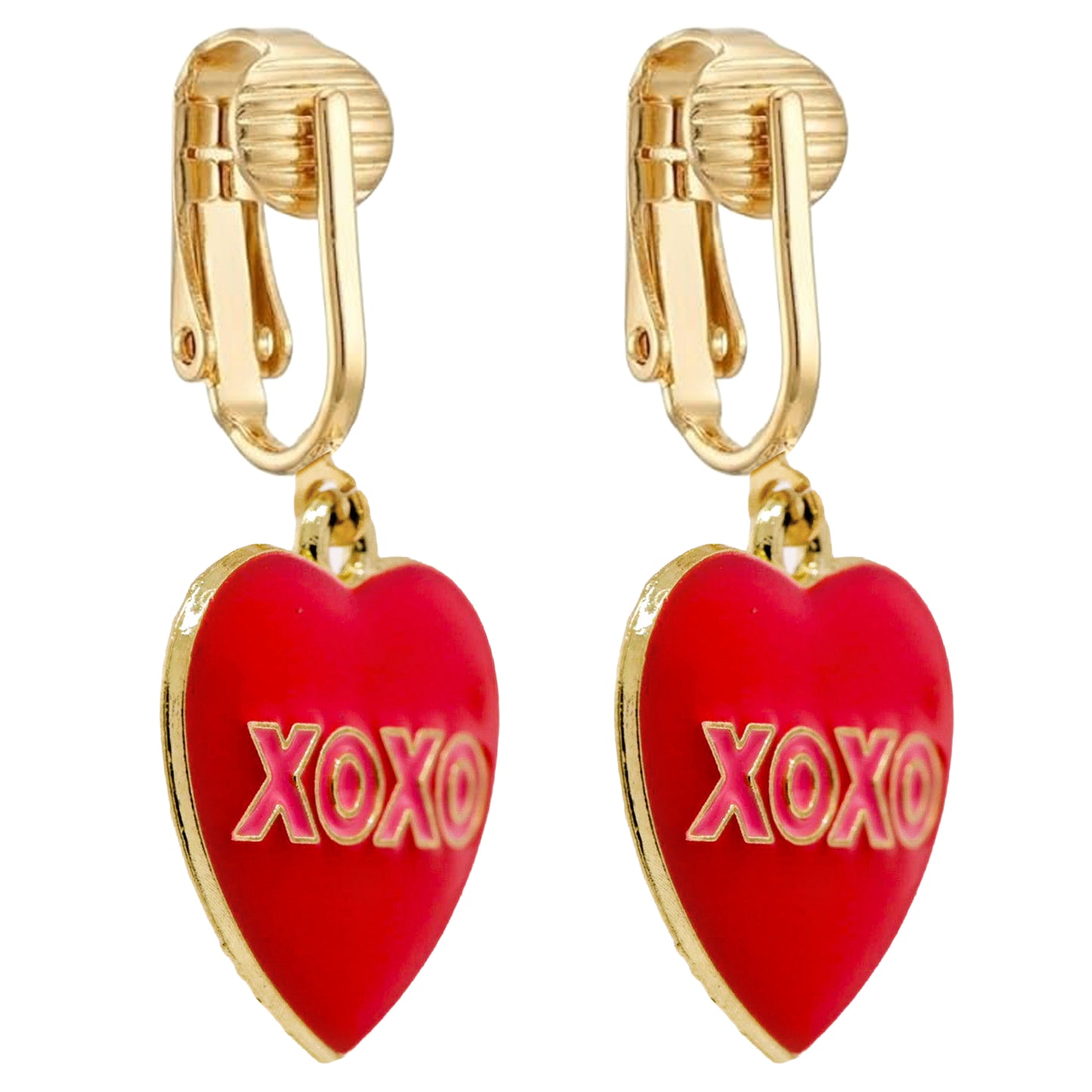 Red XOXO Heart Gold Clip On Dangling Earrings