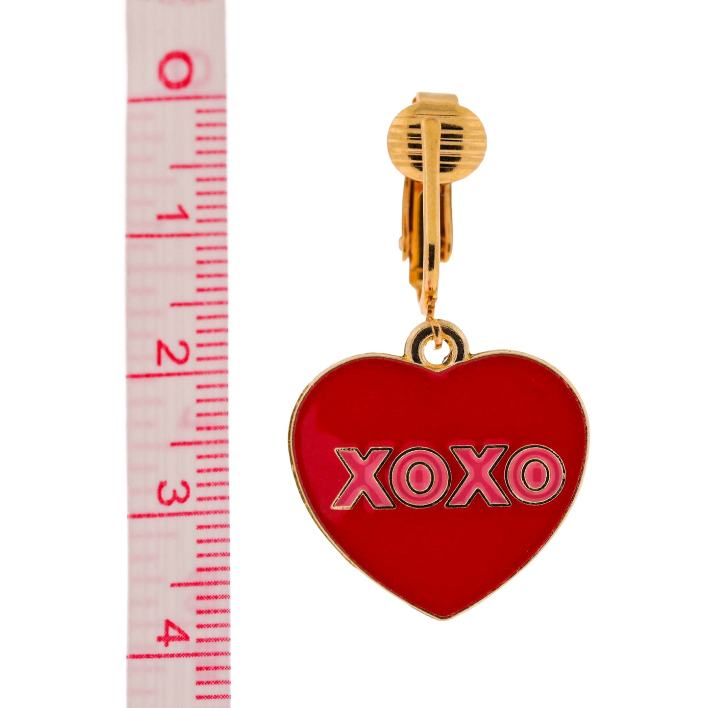Red XOXO Heart Gold Clip On Dangling Earrings
