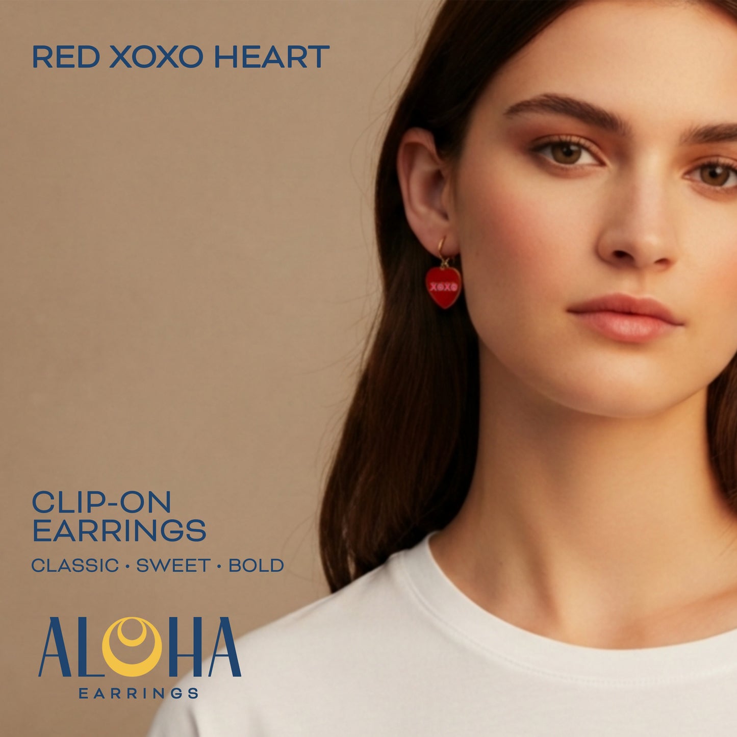 Red XOXO Heart Gold Clip On Dangling Earrings