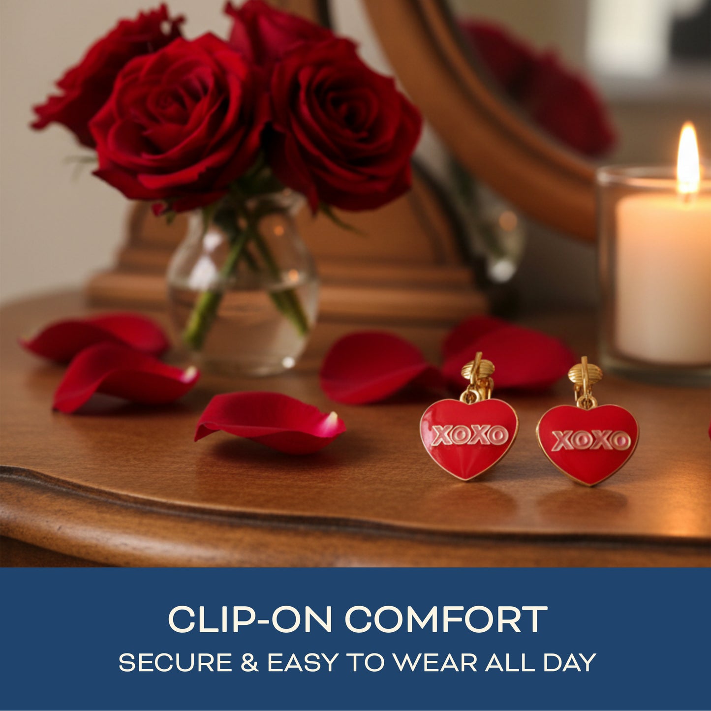 Red XOXO Heart Gold Clip On Dangling Earrings