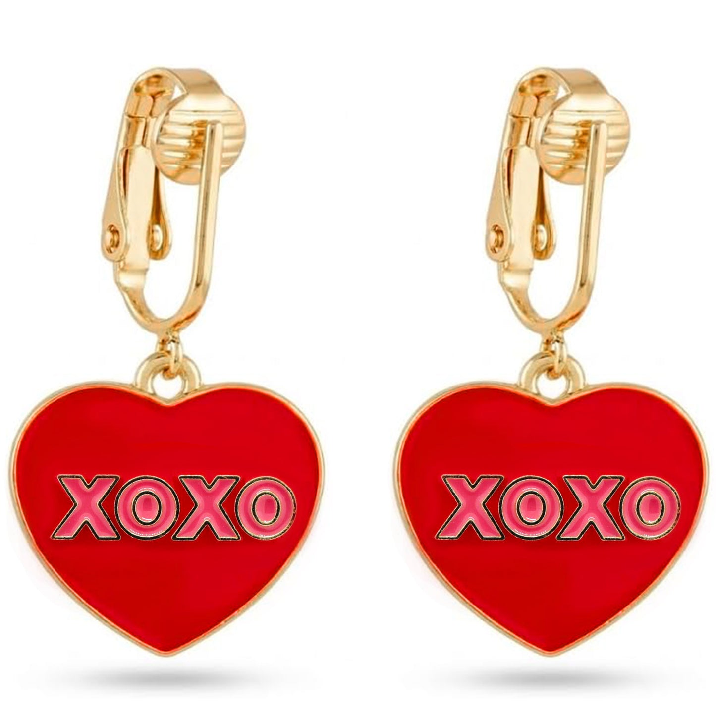 Red XOXO Heart Gold Clip On Dangling Earrings