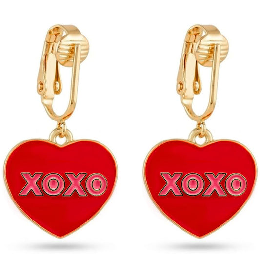 Red XOXO Heart Gold Clip On Dangling Earrings