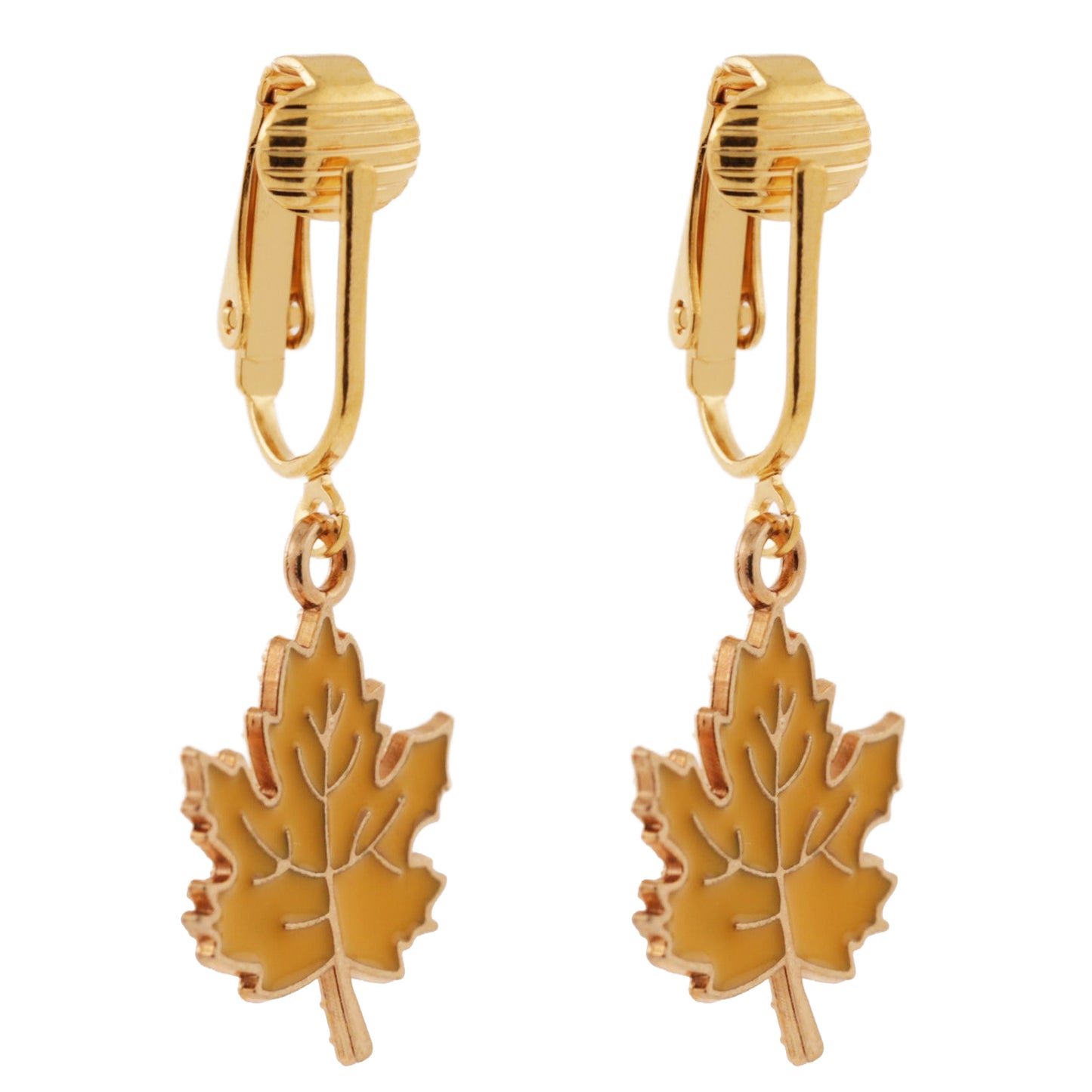 Yellow Leaves Gold Clip On Dangling Earrings