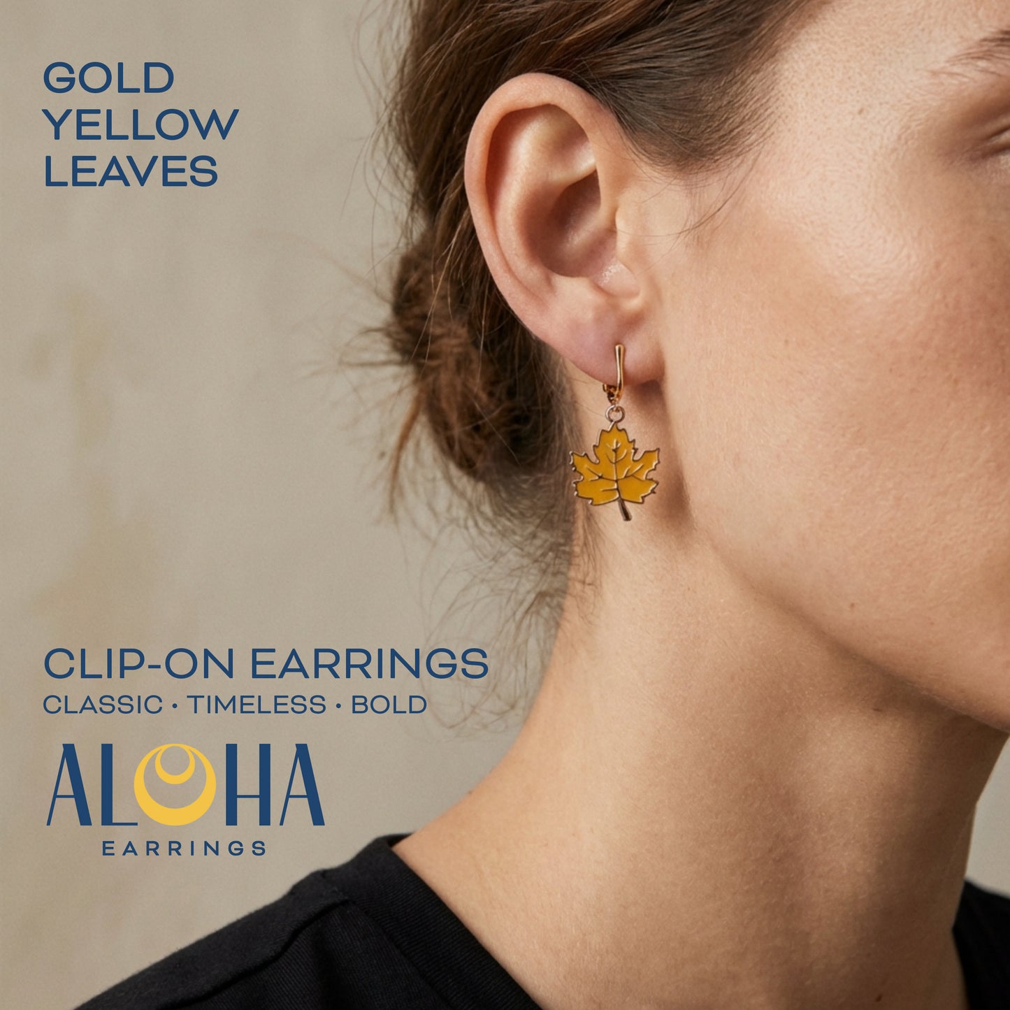 Yellow Leaves Gold Clip On Dangling Earrings