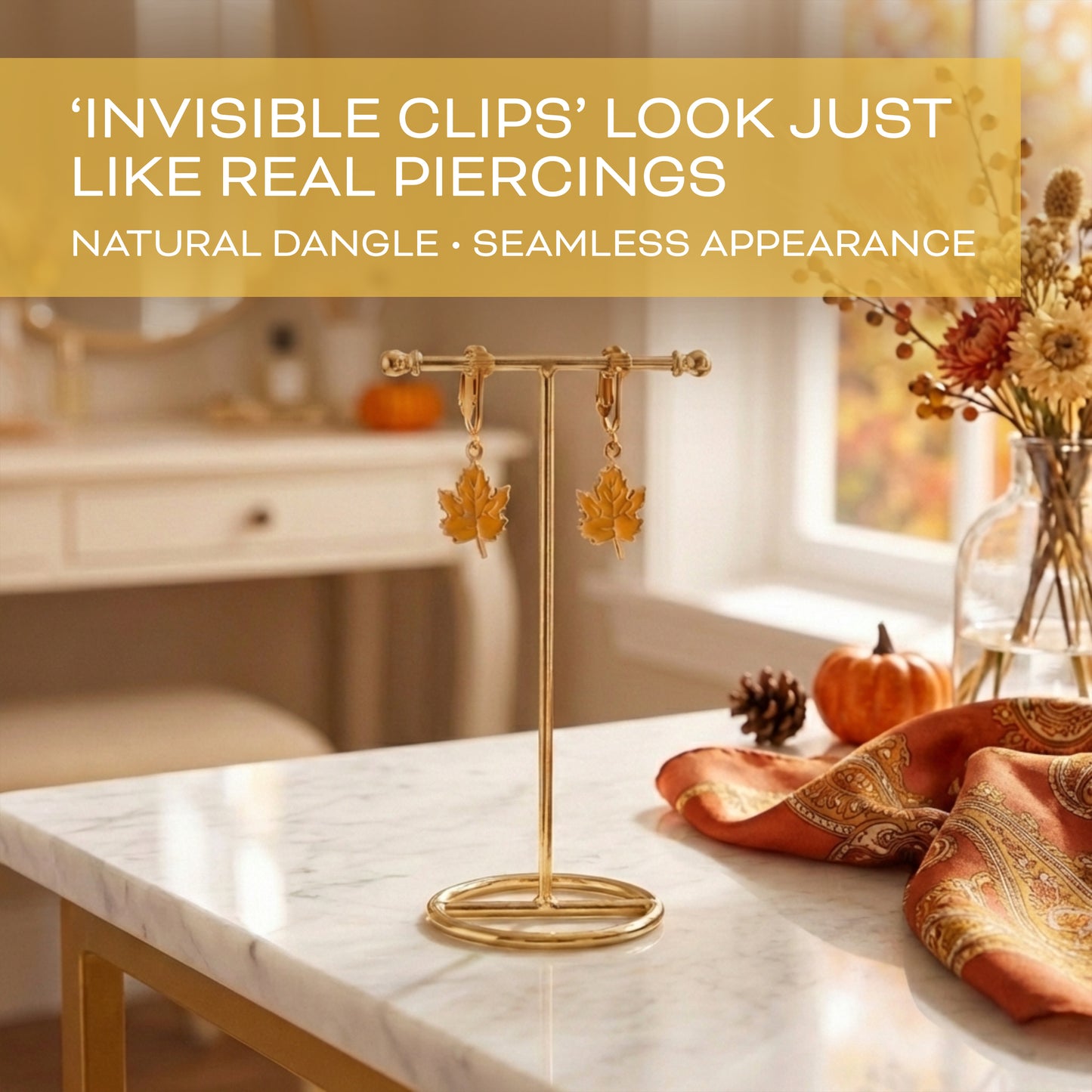 Yellow Leaves Gold Clip On Dangling Earrings