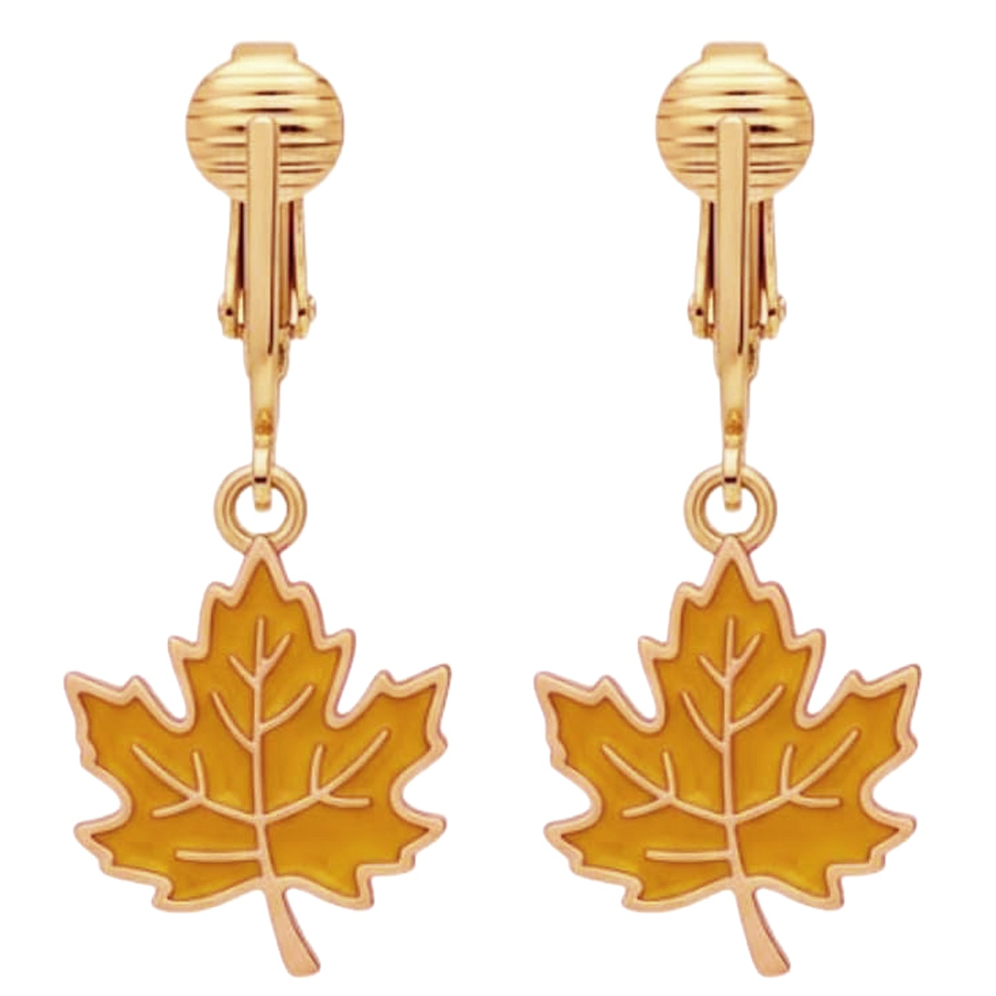 Yellow Leaves Gold Clip On Dangling Earrings