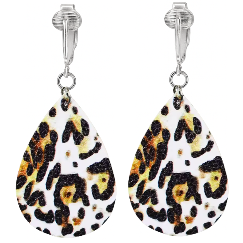 Faux Leather Animal Print Teardrop Shaped Clip On Dangling Earrings