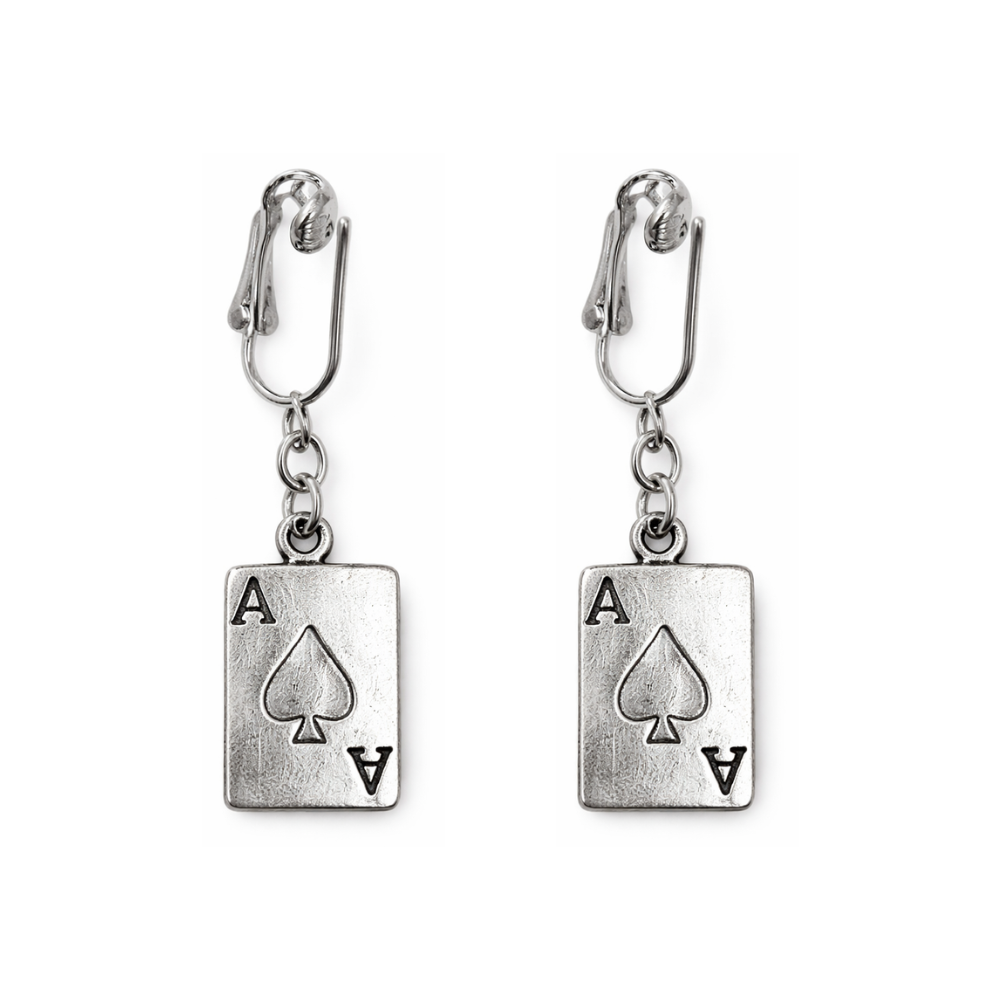 Silver Ace Card Clip On Dangling Earrings