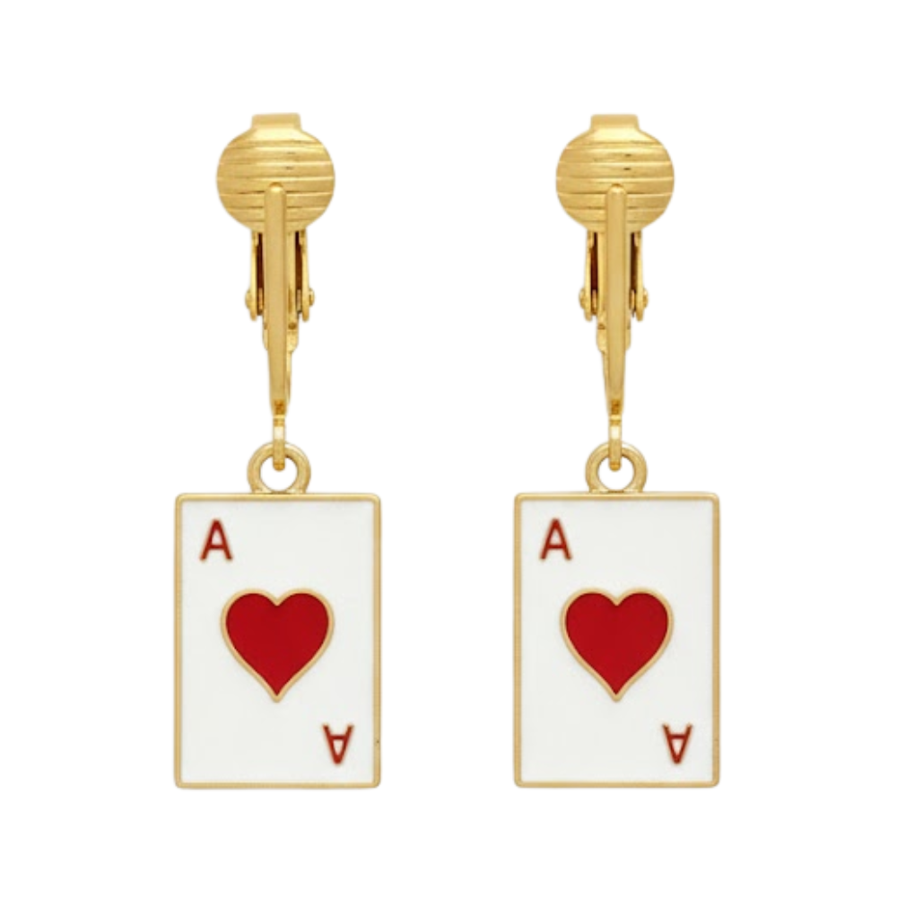 Ace of Hearts Gold Clip On Dangling Earrings
