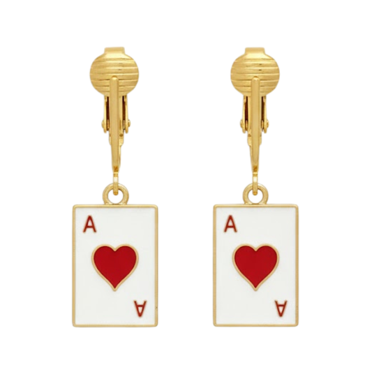 Ace of Hearts Gold Clip On Dangling Earrings