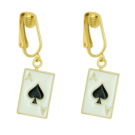 Ace of Spades Gold Clip On Dangling Earrings