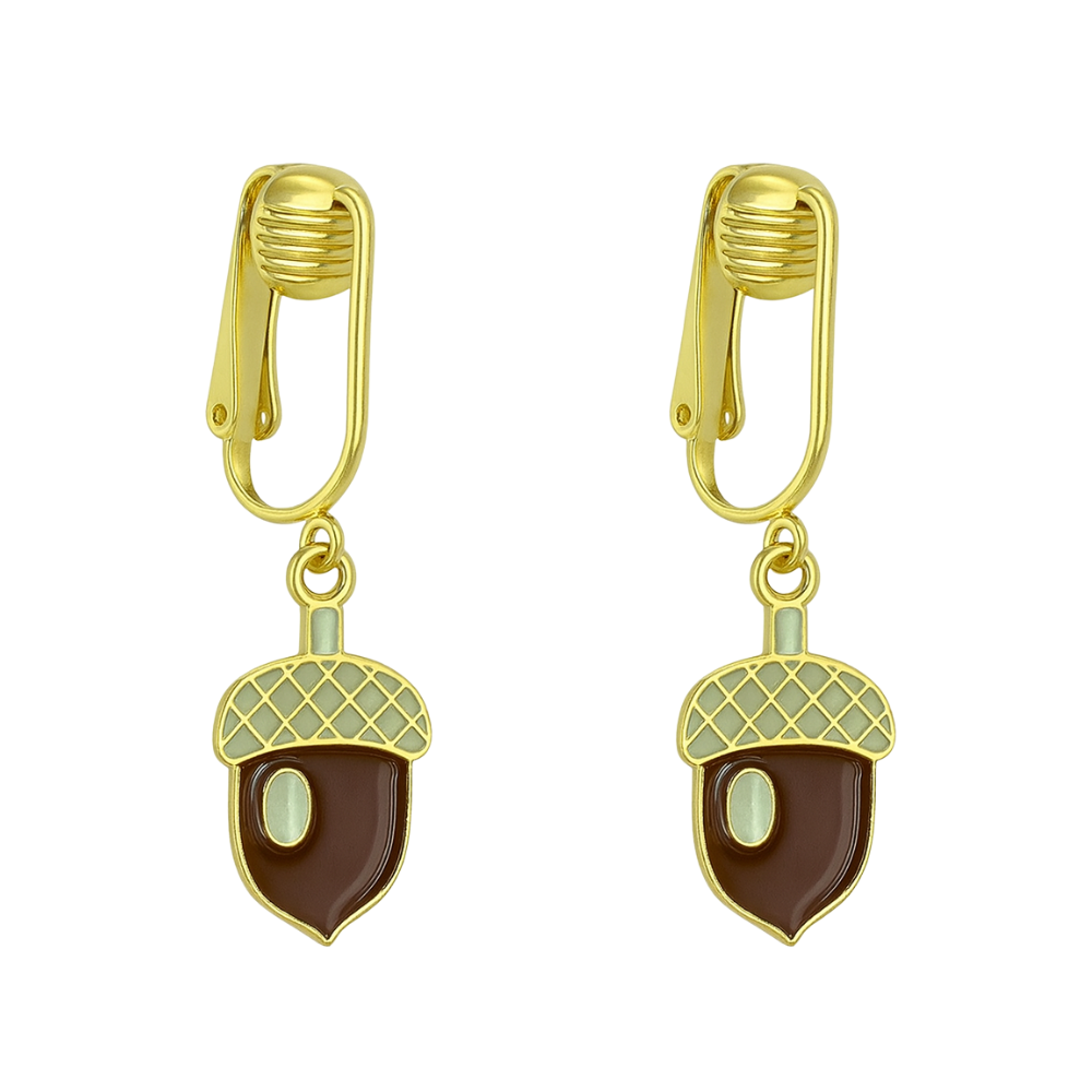 Acorns Gold Clip On Dangling Earrings