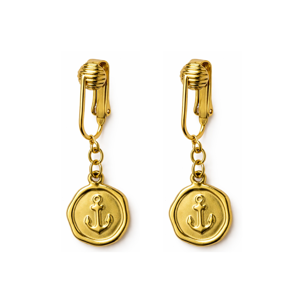 Gold Anchor Charm Clip On Dangling Earrings